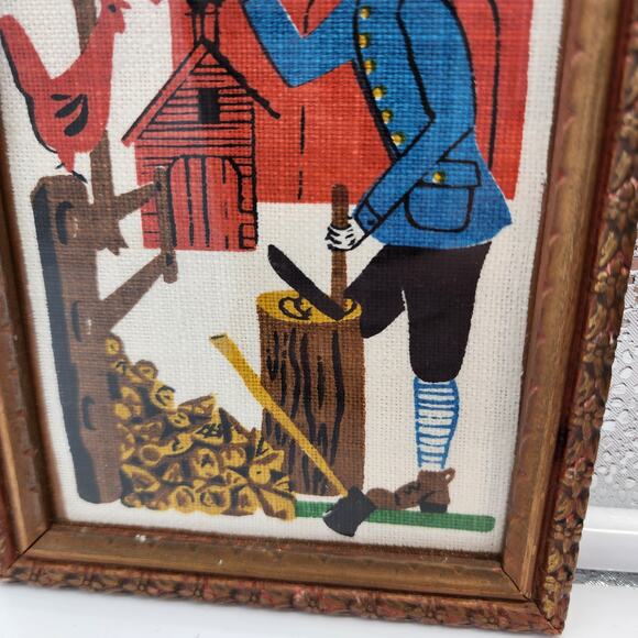Antique Amish Colonial Farmer Framed Linen Folk Art Woven Hand Painted Rare - Picture 6 of 10